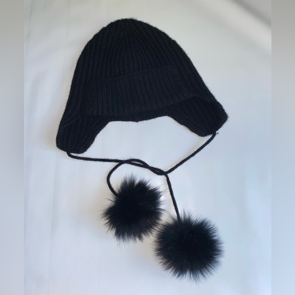 Sofia cashmere black Pom Pom tie poms hat 100% cashmere soft ear warmer … - Picture 7 of 8